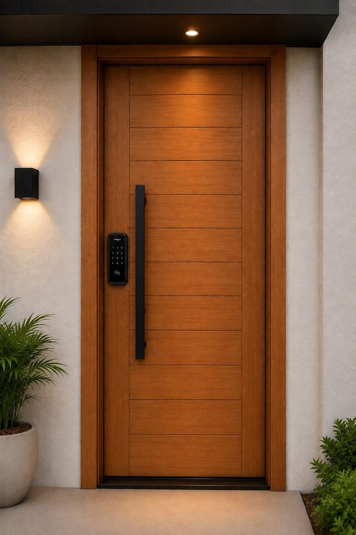 Porta pivotante de madeira com ripas horizontais, puxador preto e fechadura eletrônica, iluminada por spot